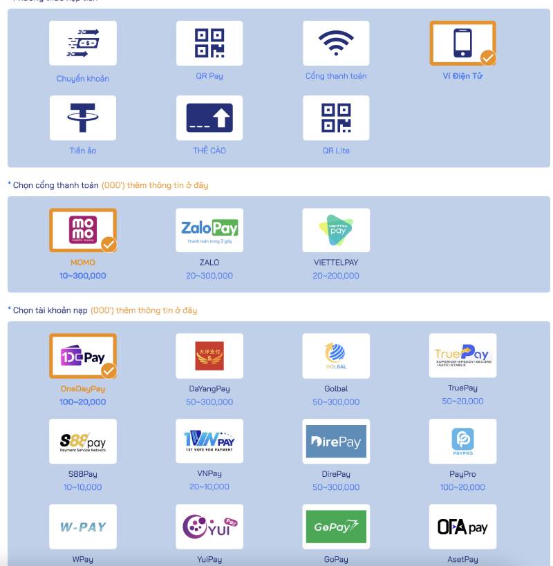 Nạp tiền qua ví điện tử - MoMo, ZaloPay, ViettelPay